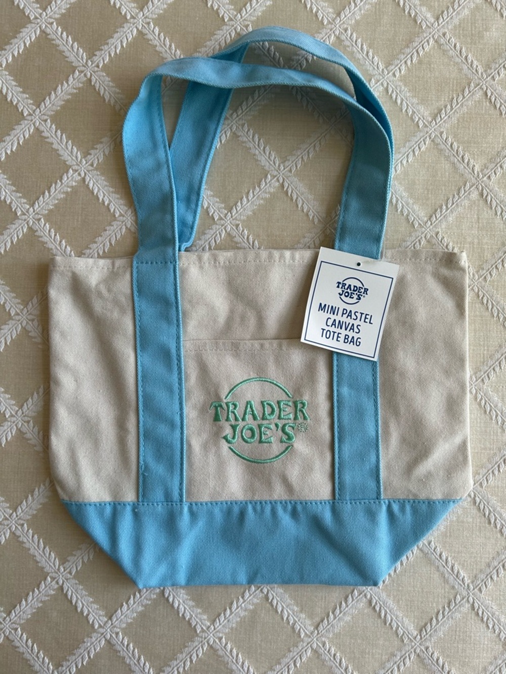 Trader Joe's Mini Pastel Canvas Tote in Light Blue and Cream